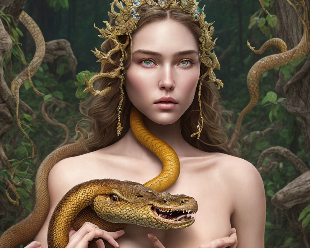 Woman with Snake Crowned in Gold in Lush Forest