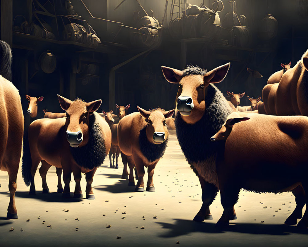 Cartoonish stylized bovines in dramatic industrial setting