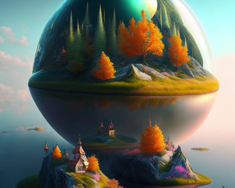 Surreal digital artwork of egg-shaped world with lush forest and floating islands