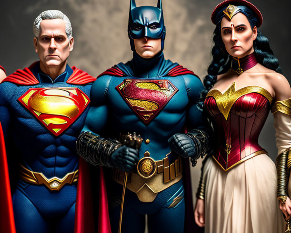 Superman, Batman, and Wonder Woman action figures on dark background