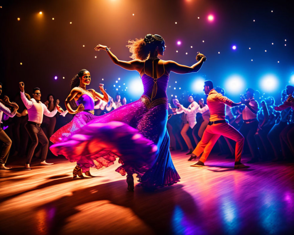 Colorful Dance Floor with Female Dancer in Purple Dress surrounded by Couples