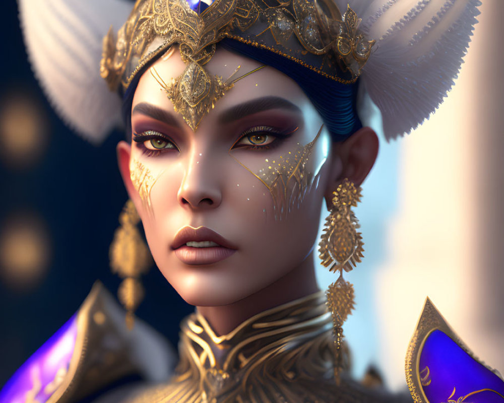 Majestic figure in golden armor with horned helmet and blue gem.