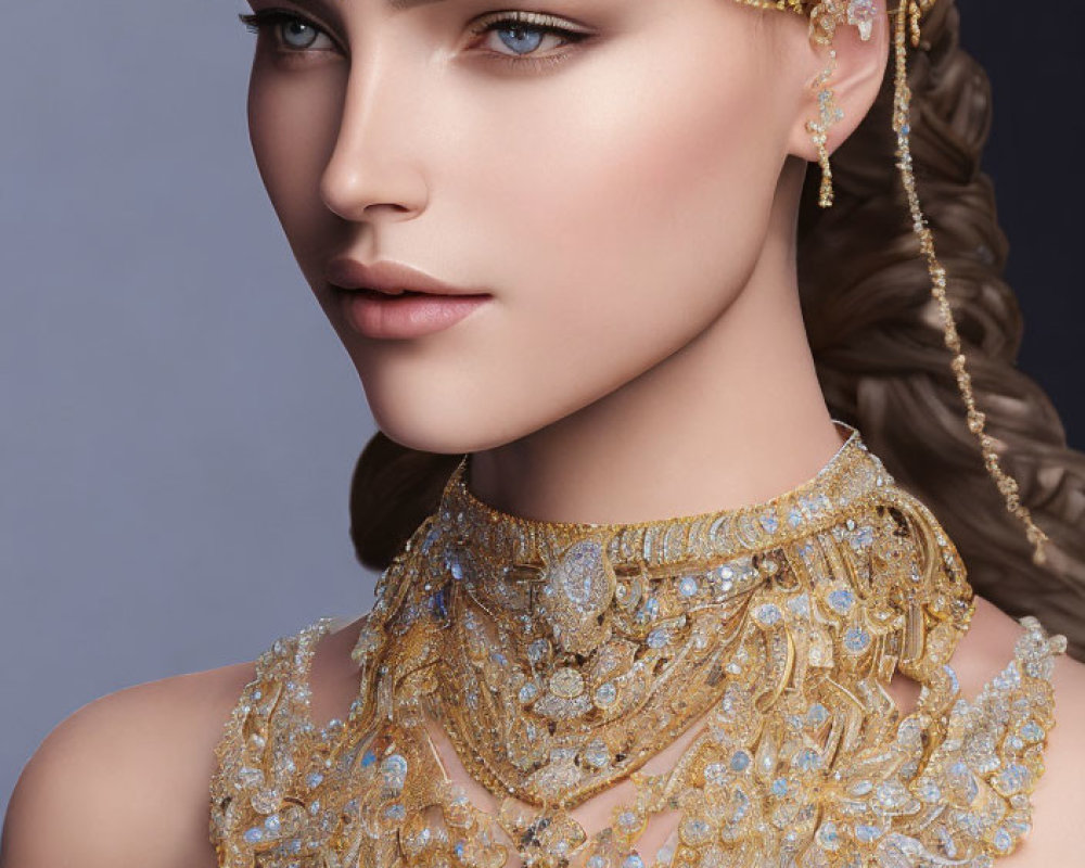 Elaborate Golden Jewelry on Woman Against Blue Background