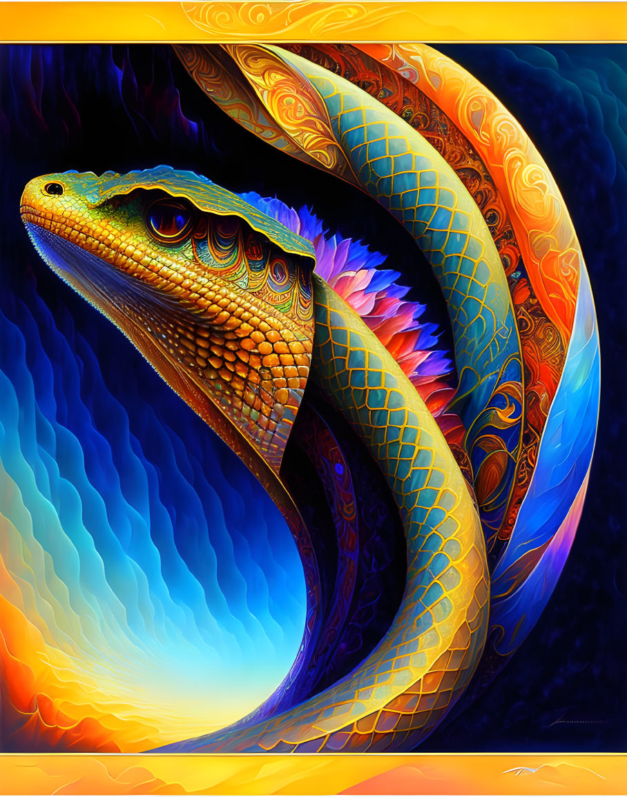 Colorful stylized iguana artwork with intricate scales and swirling patterns in warm and cool tones.