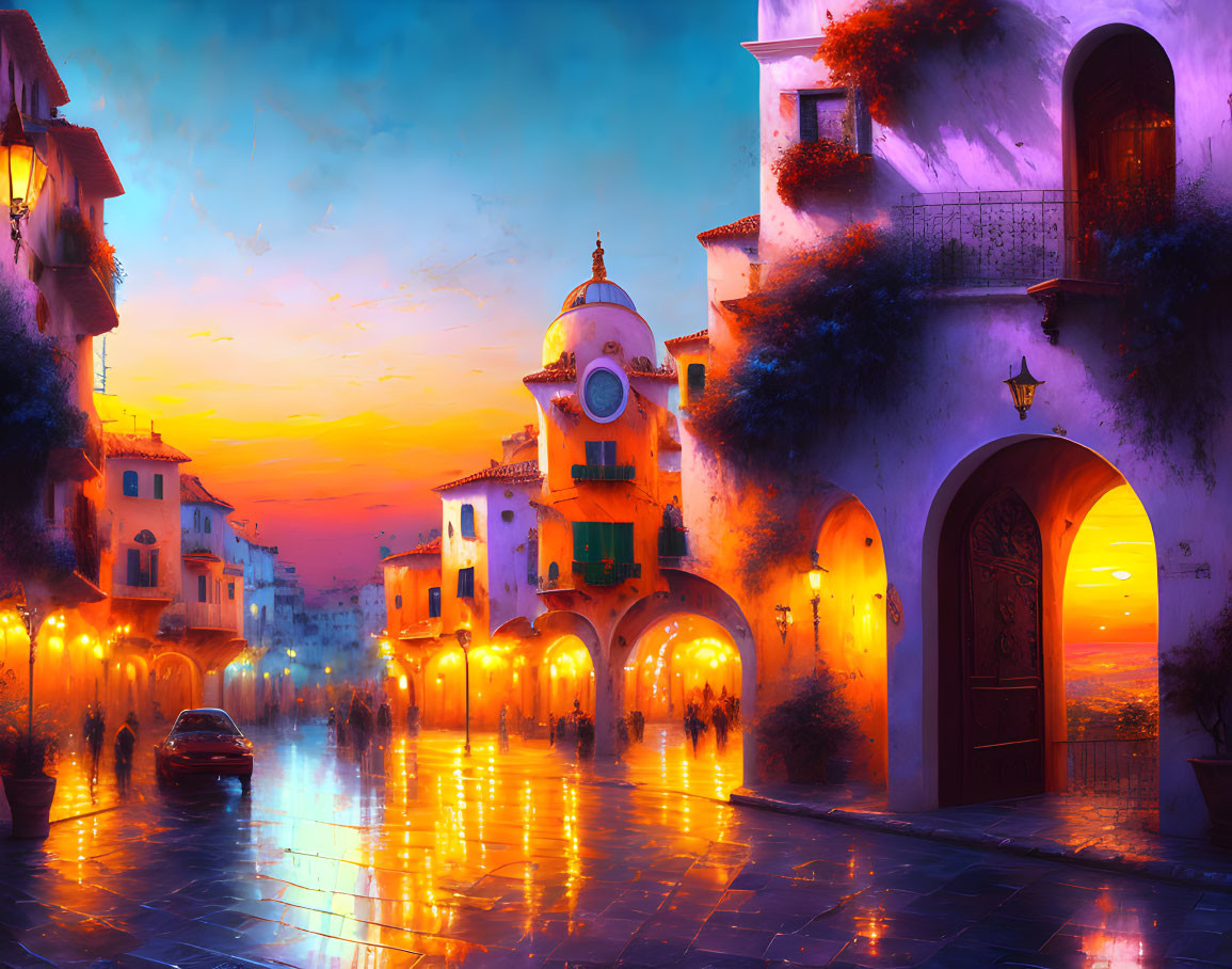 Digital artwork: Vibrant street scene at dusk with glowing lights and warm sky