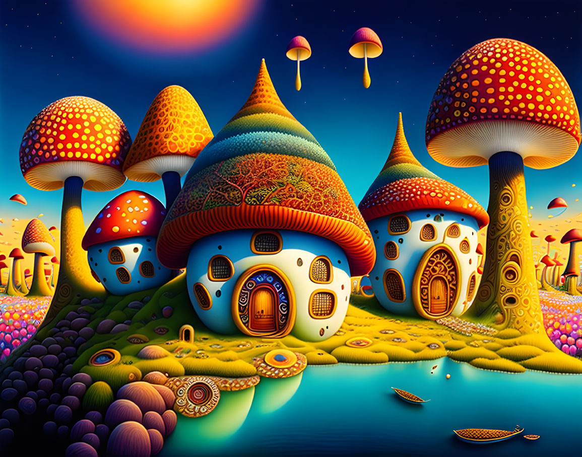 Colorful Mushroom Houses in Whimsical Fantasy Landscape