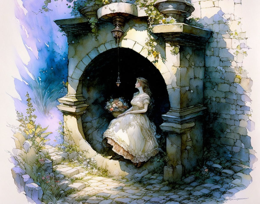 Woman in White Dress Contemplating in Stone Ruin with Greenery