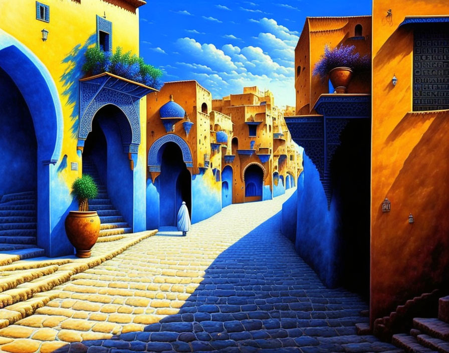 Traditional Moroccan alleyway with vibrant blue walls, arched doorways, ochre buildings, and a