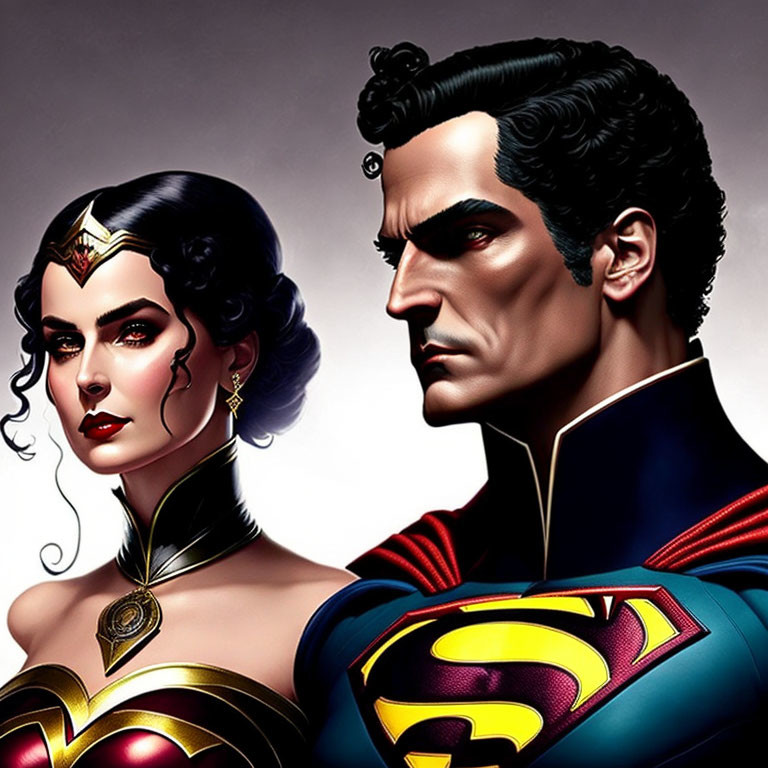 Superman and Wonder Woman Detailed Illustration of Iconic Costumes