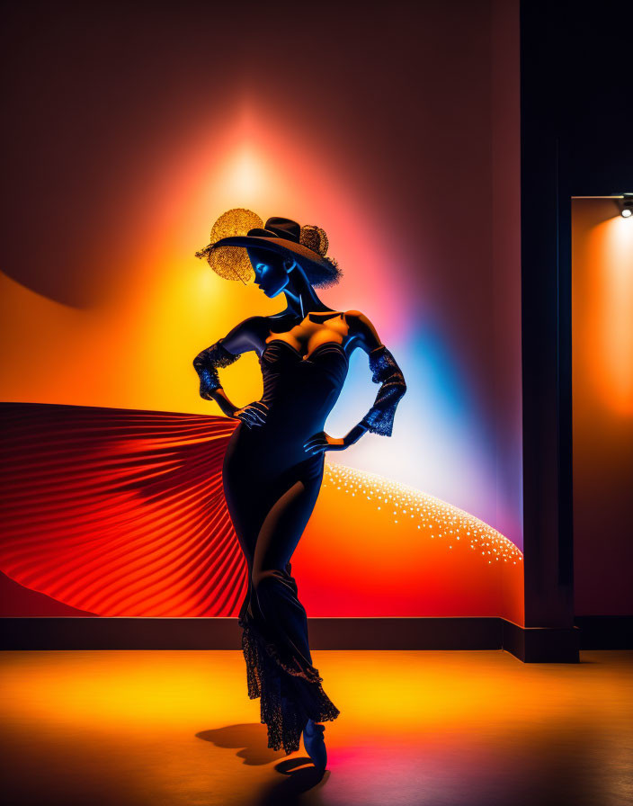 Silhouetted figure in wide-brimmed hat and elegant dress against vibrant orange background