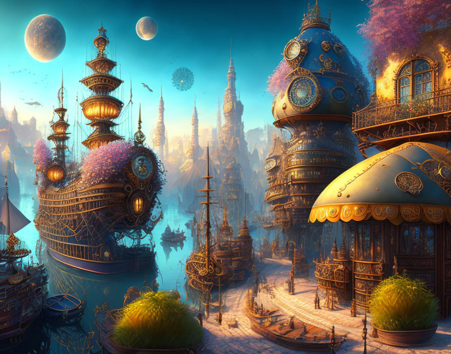 Fantasy City with Floating Islands and Ornate Airships