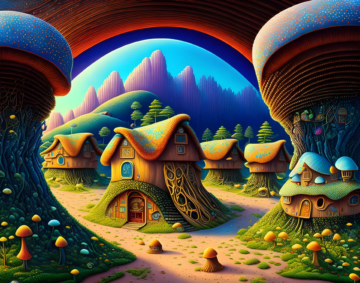 Whimsical Mushroom Houses in Fantasy Landscape