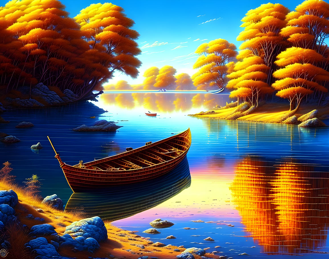 Tranquil autumn scene: golden trees, calm lake, wooden boat, rower, birds in