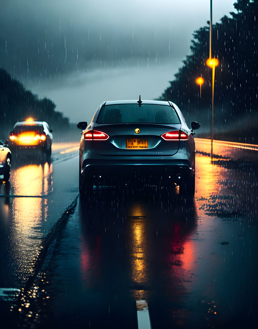 Illuminated tail lights on car driving on wet road at twilight