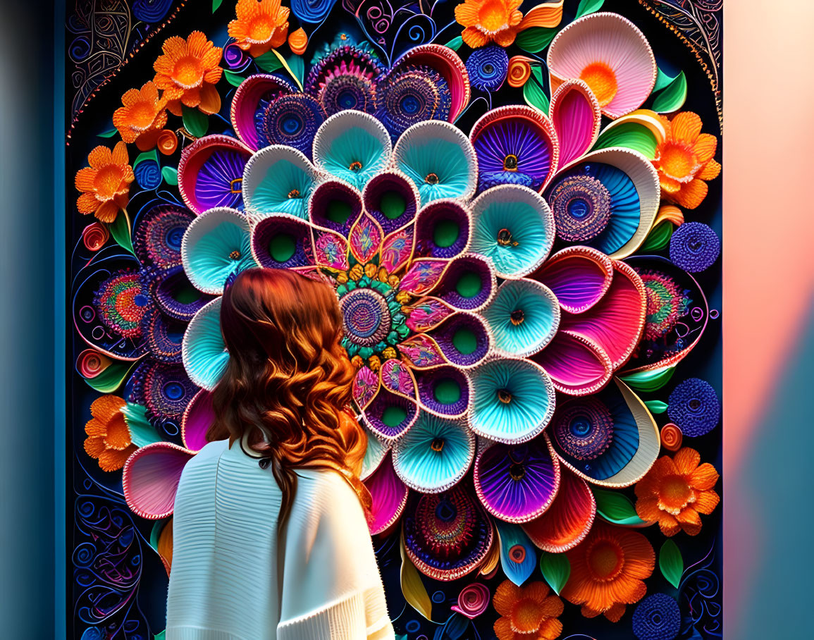 Woman with wavy hair gazes at vibrant, multicolored mandala artwork