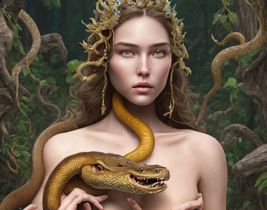 Woman with Snake Crowned in Gold in Lush Forest