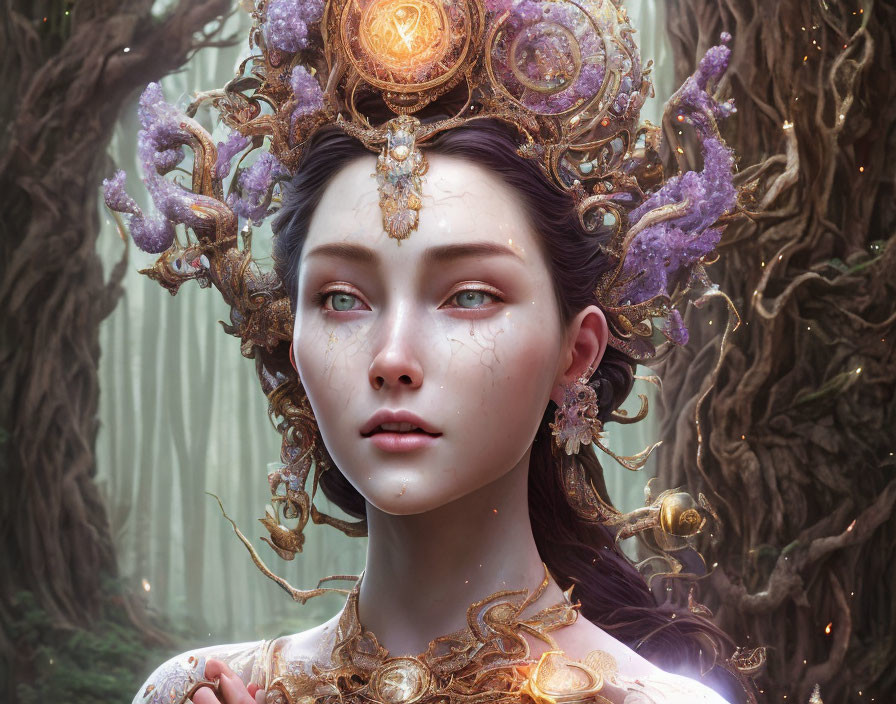 Fantasy portrait of female with golden crown and purple crystals in mystical woods