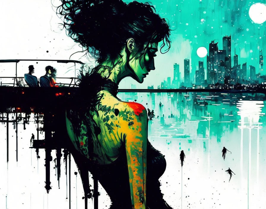 Colorful tattooed woman gazes at cityscape with seated figures above water