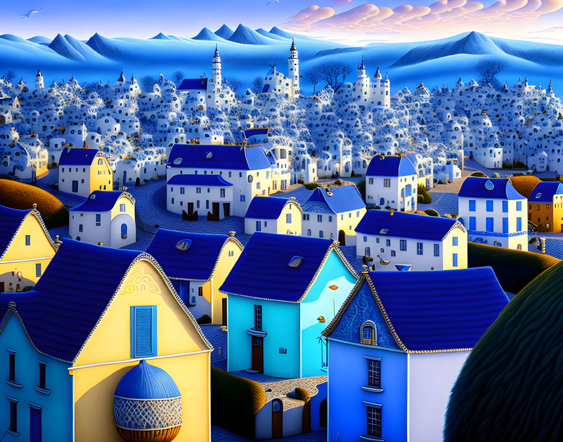 Whimsical town illustration with blue and yellow buildings