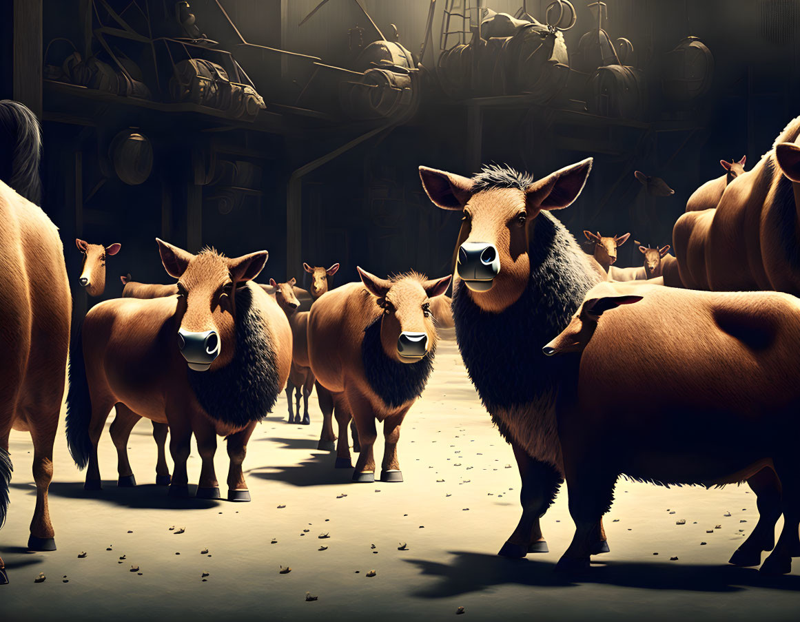 Cartoonish stylized bovines in dramatic industrial setting