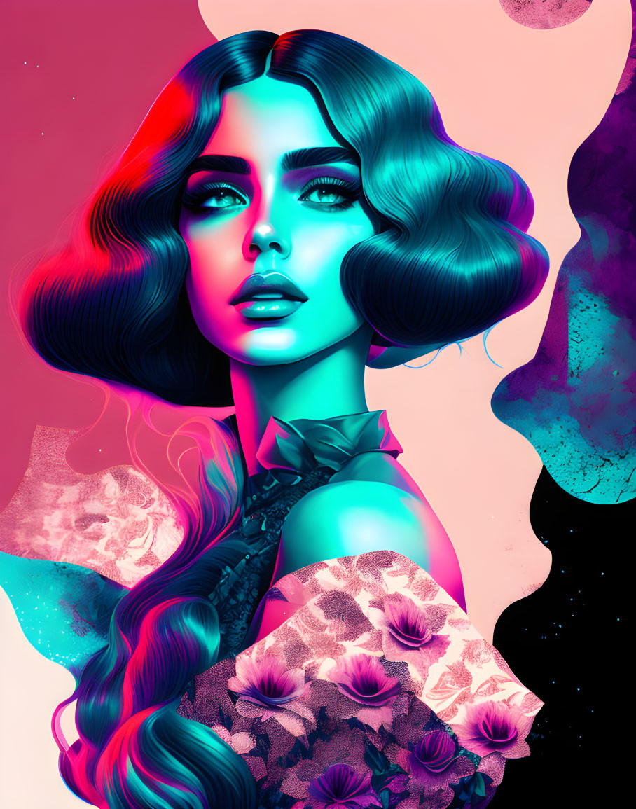 Colorful digital artwork: Woman with blue hair, floral patterns, cosmic background