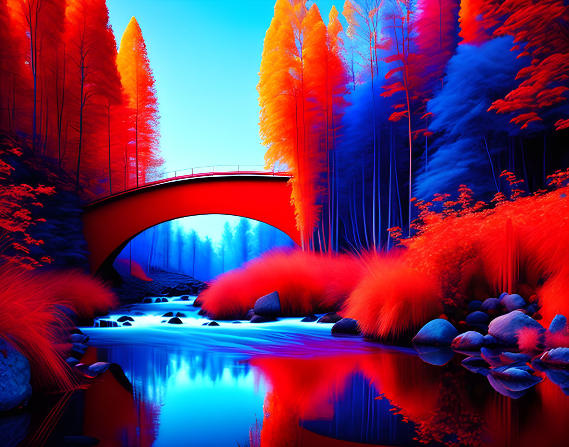 Digitally altered landscape with red bridge over calm river surrounded by neon-colored trees