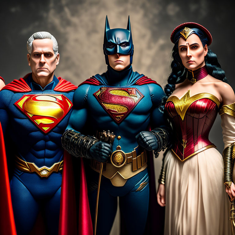 Superman, Batman, and Wonder Woman action figures on dark background