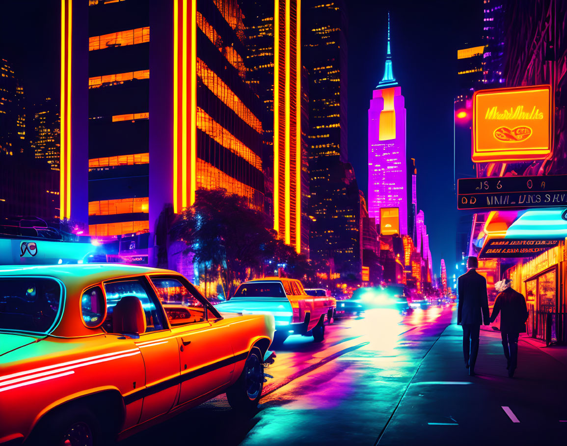 Urban night scene: neon lights, yellow cab, pedestrians, skyscrapers