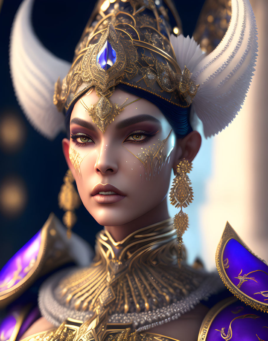 Majestic figure in golden armor with horned helmet and blue gem.