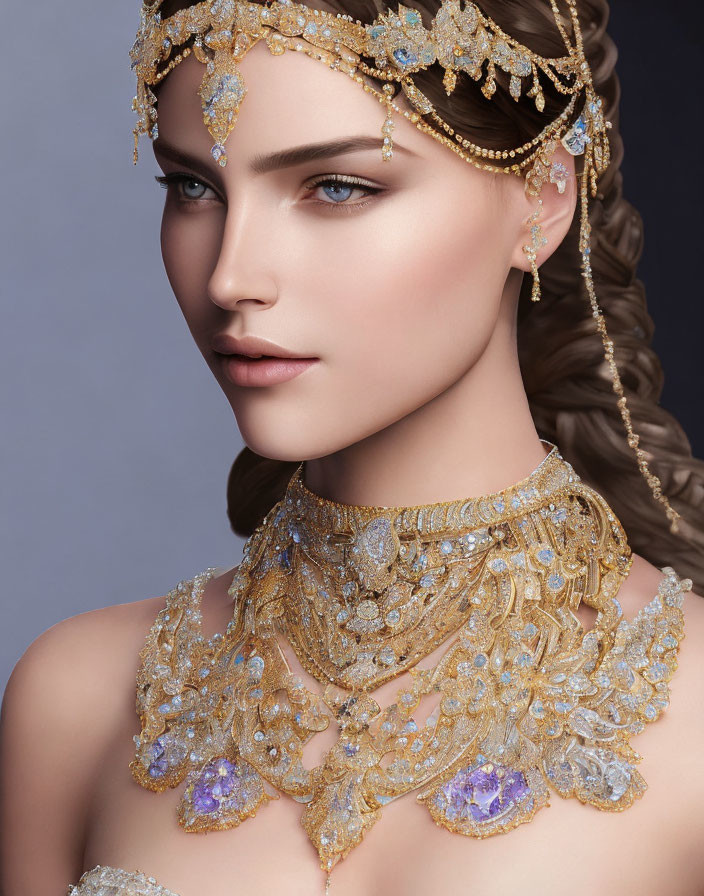 Elaborate Golden Jewelry on Woman Against Blue Background