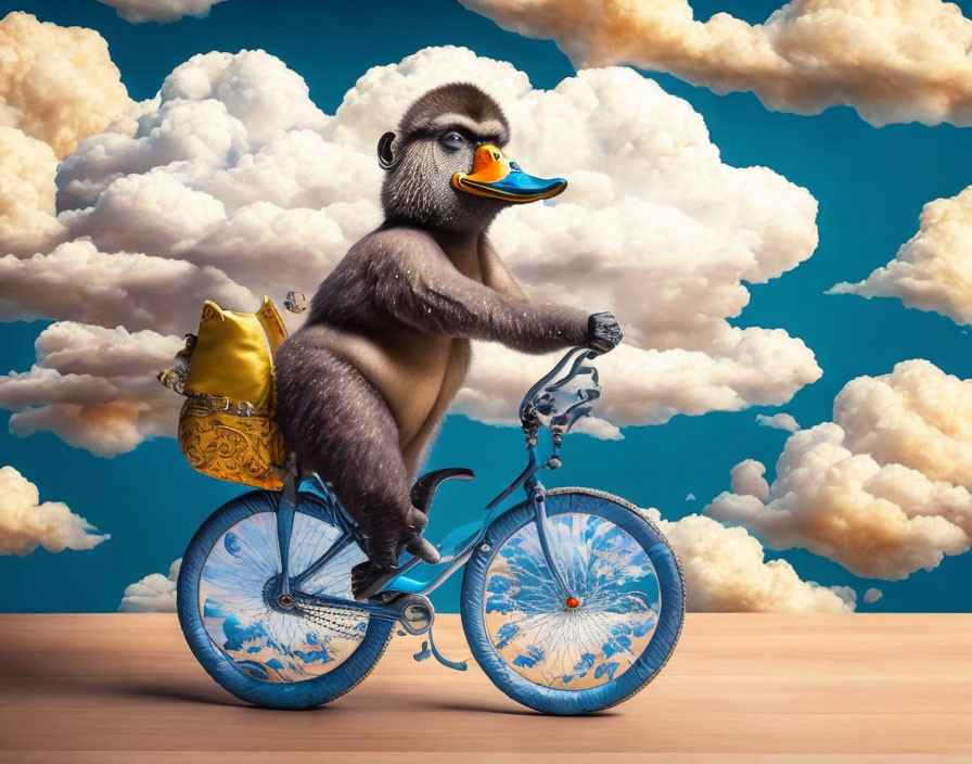 Monkey in Duck Face Mask Riding Bicycle with Sky Wheels & Cloudy Sky Background