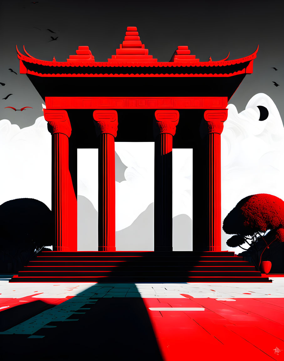 Stylized red and black Asian temple with archways and clouds