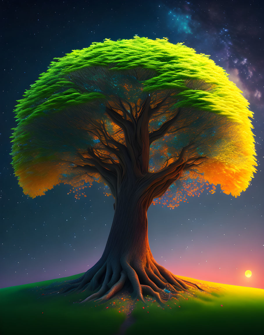 Majestic tree with lush green and vibrant orange canopy against twilight sky