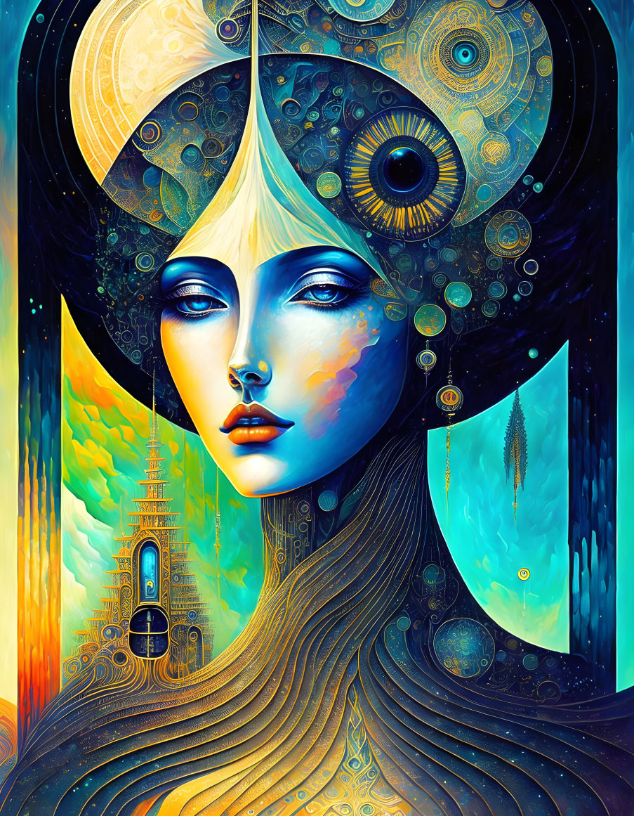 Surreal artwork: Woman with blue skin, architectural and cosmic motifs