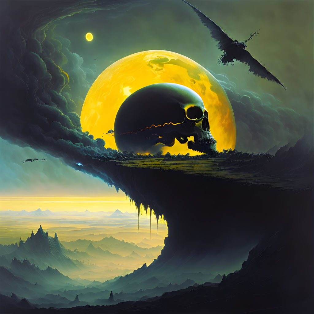 Fantastical giant skull on floating landmass with dragons and misty mountains