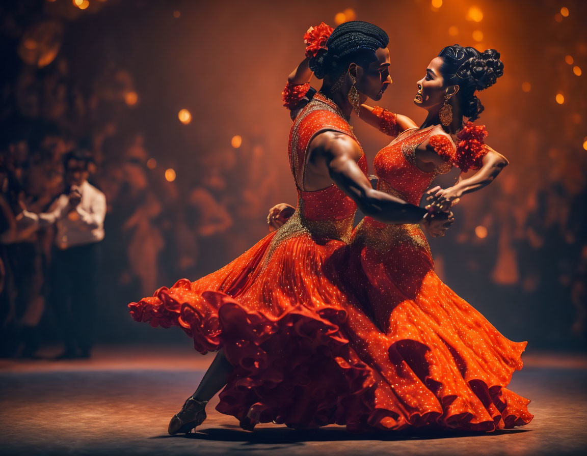 Passionate Flamenco dancers in red dresses on dimly lit stage