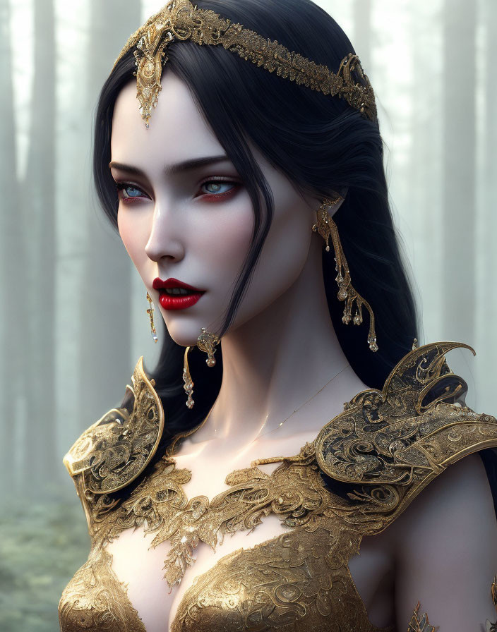 Digital Artwork: Woman in Gold Armor in Misty Forest