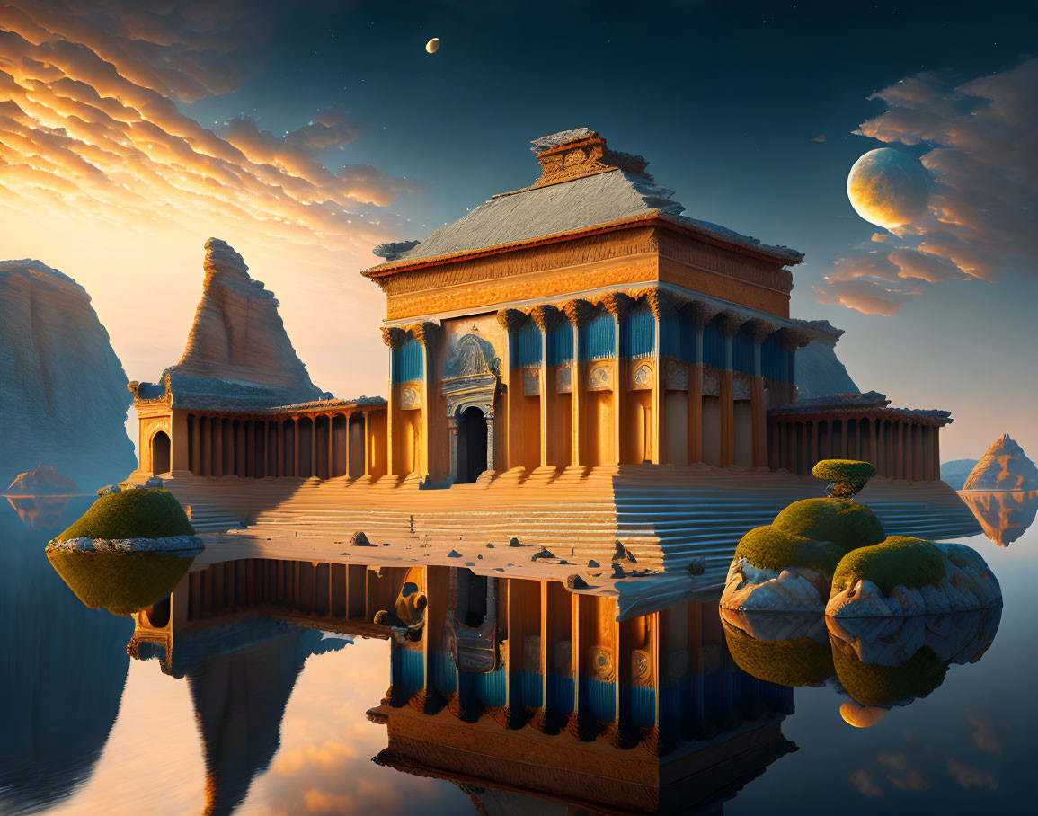 Ancient temple by reflective lake at sunset with surreal sky.