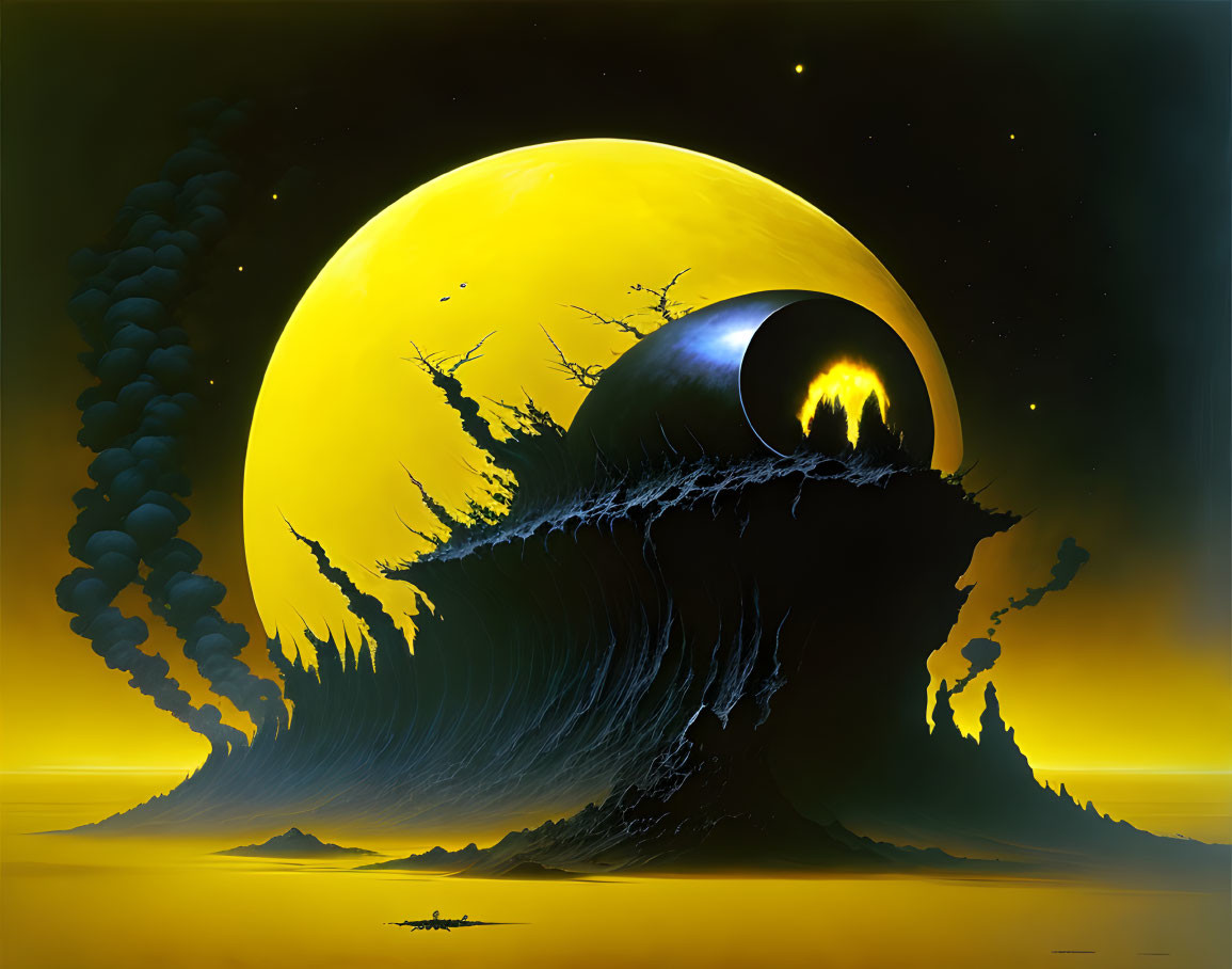 Fantastical landscape with yellow moon, dark structure, towering waves