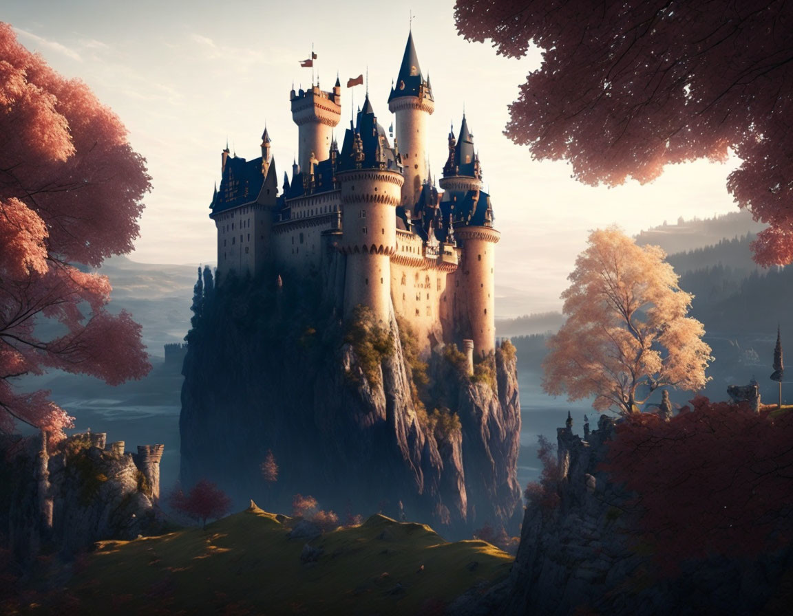 Majestic castle on steep cliff amid autumn trees at sunset