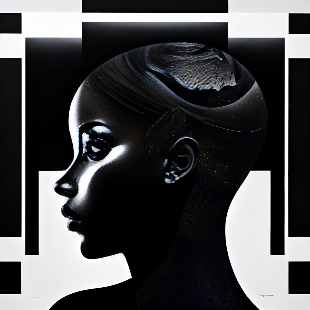 High-contrast profile of woman with celestial hair on geometric backdrop