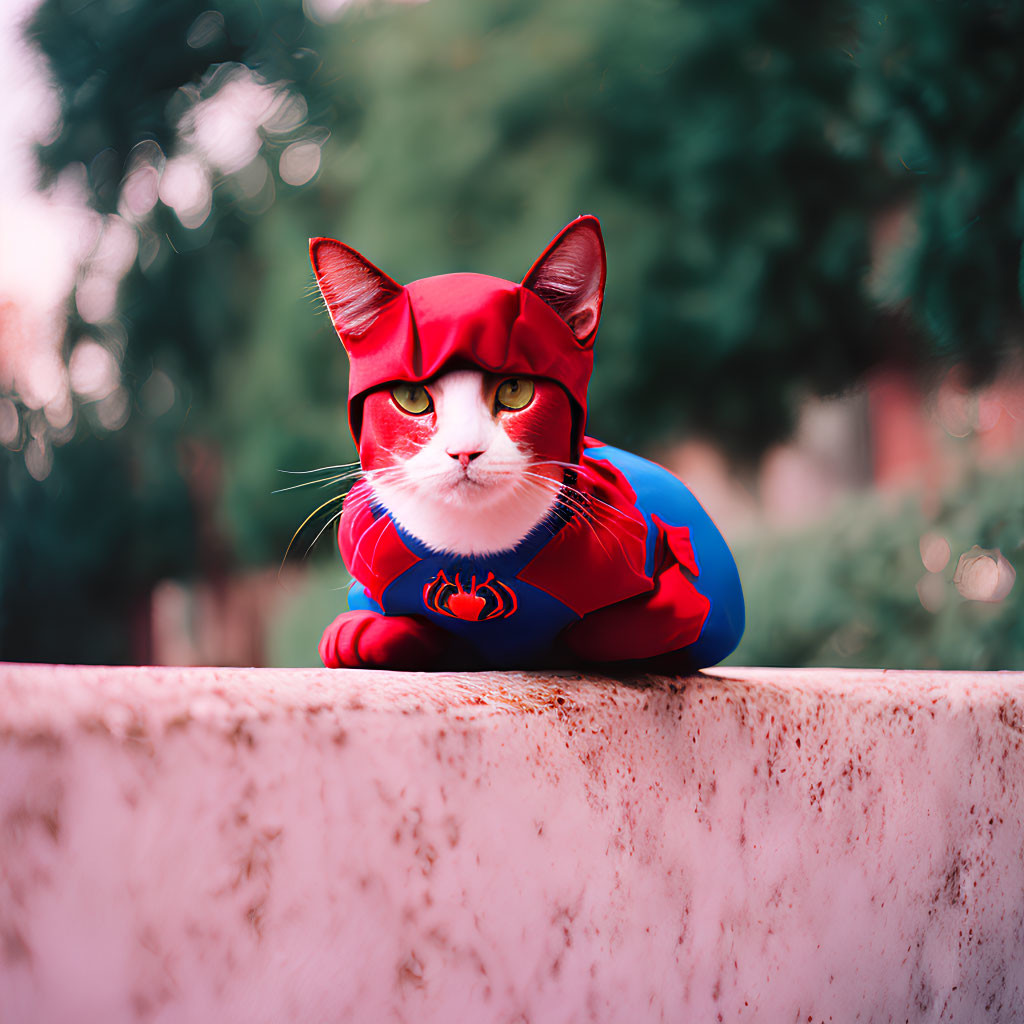 Cat in red and blue superhero costume sitting on ledge against soft-focus background