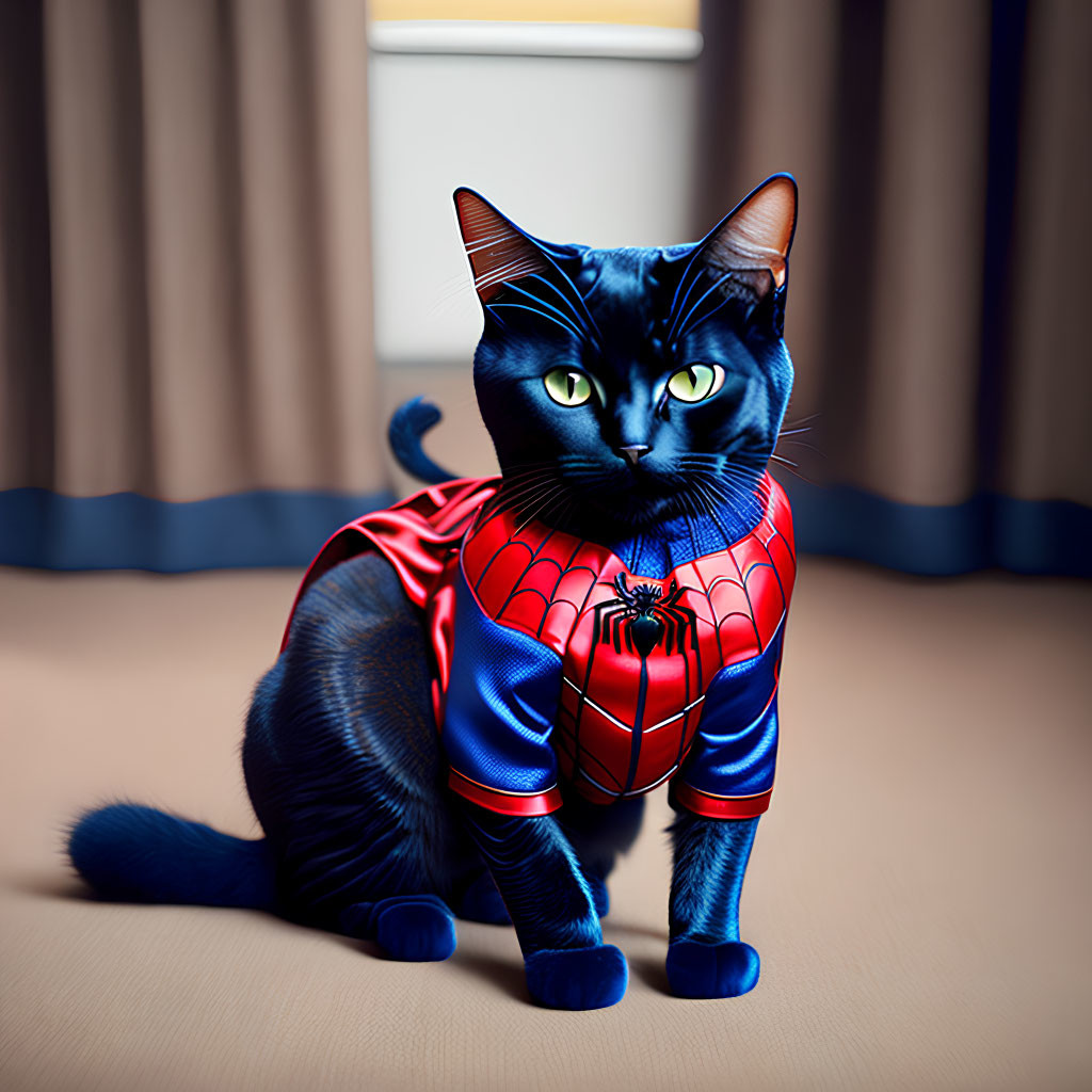 Digital Artwork: Cat in Spider-Man Costume with Beige Curtain Background