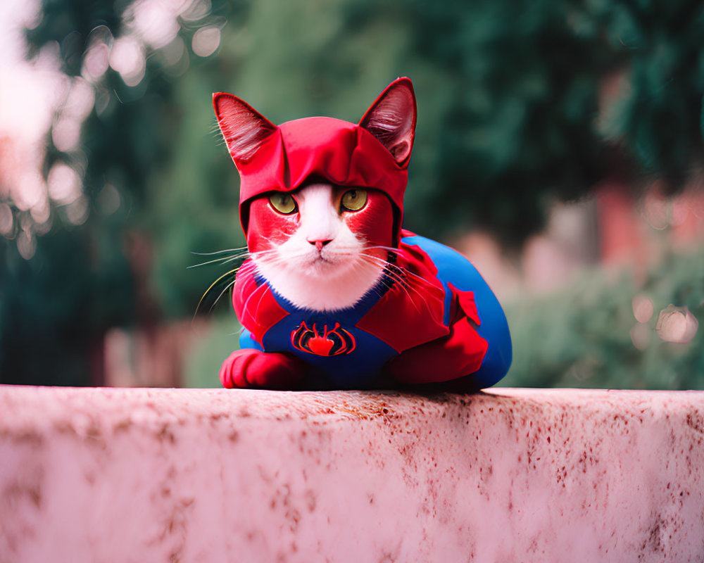 Cat in red and blue superhero costume sitting on ledge against soft-focus background