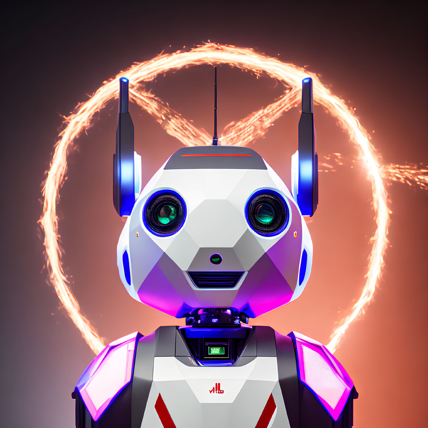 Futuristic robot with blue eyes and antennae in fiery orange ring backdrop