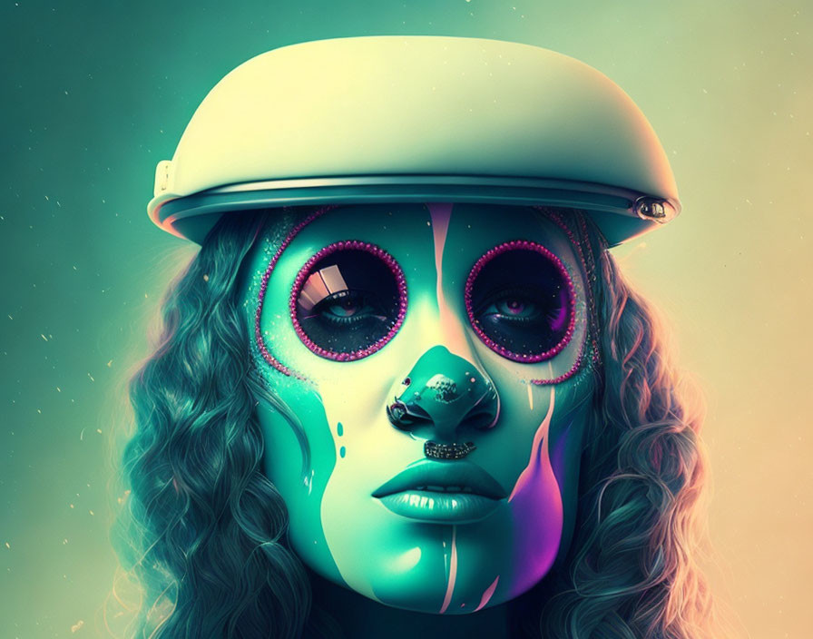 Colorful Makeup Woman with Teardrop Effects and White Visor on Gradient Background