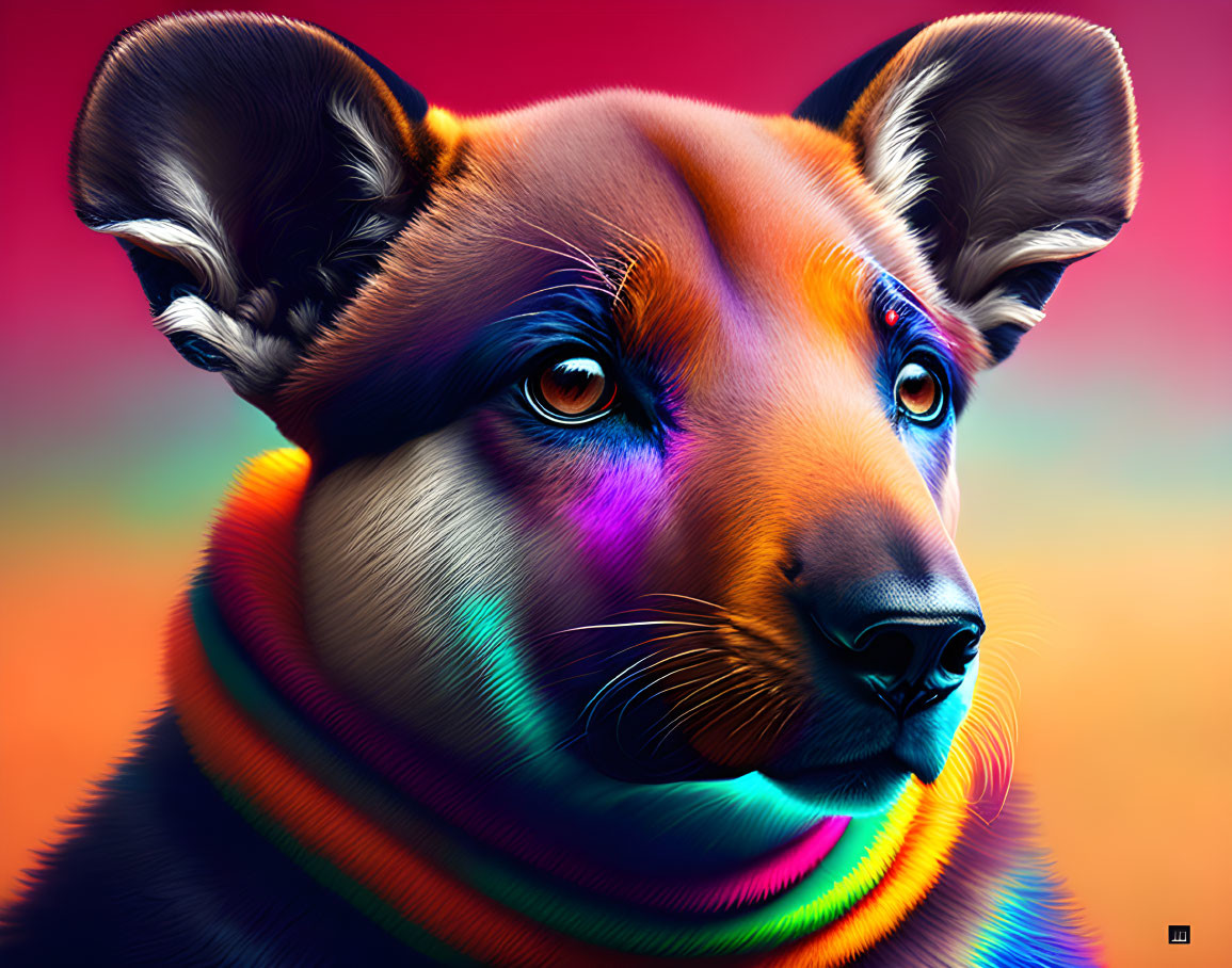 Colorful Digital Art: Dog with Multicolored Fur and Blue Eyes