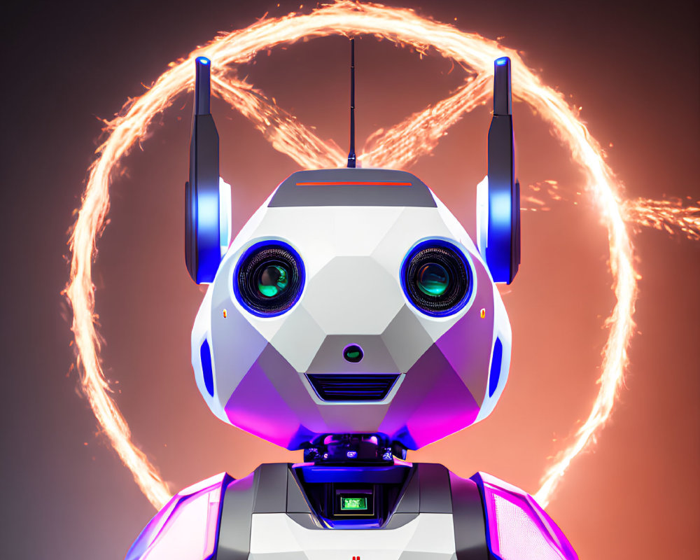 Futuristic robot with blue eyes and antennae in fiery orange ring backdrop