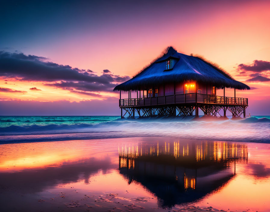 Beach hut on stilts at sunset by tranquil sea