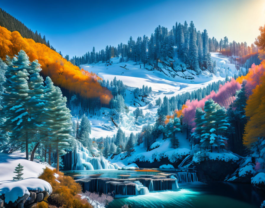 Winter landscape with waterfall, evergreens, and colorful foliage